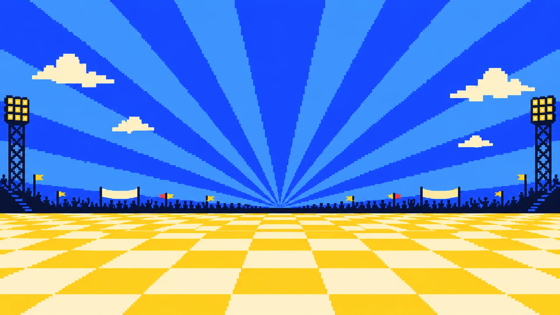 Pixel arena under a sunburst sky